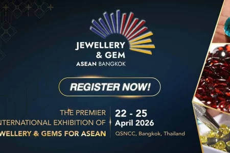 Official JGAB 2026 logo and banner featuring the 'Ultimate ASEAN Jewellery and Gemstone Sourcing Hub' theme, promoted in partnership with Somut Medya Internet Advertising
